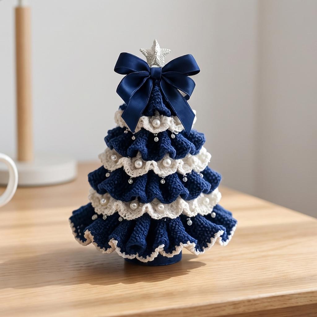 Decorative Yarn Tree for Bookshelves DIY Crochet Christmas Kit,Beginner-Friendly Xmas Craft Kit with Bow Complete Starter And Faux Pearl Embellishment