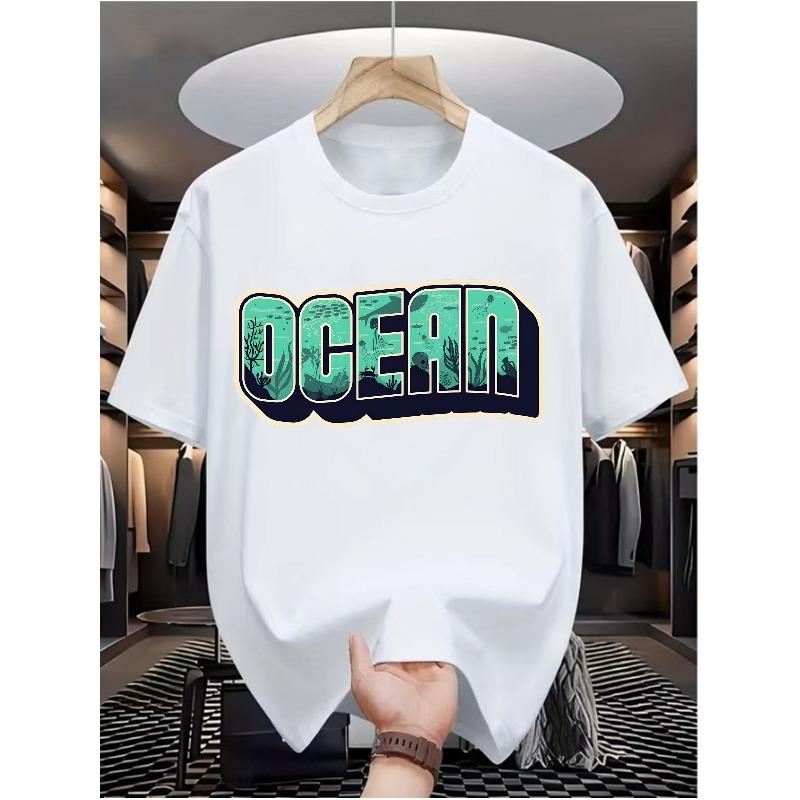 Ocean Men's Casual Digital Print T-Shirt, Round Neck, Short Sleeve, Street Hip-Hop Style, Summer European and American Fashion Trend, Sporty Look