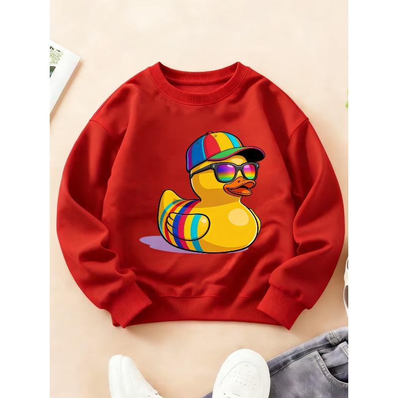 Children's Round Neck Sweatshirt, Fashionable Long Sleeve with Rainbow Fashion Glasses Little Yellow Duck Cool and Unique Cartoon Print