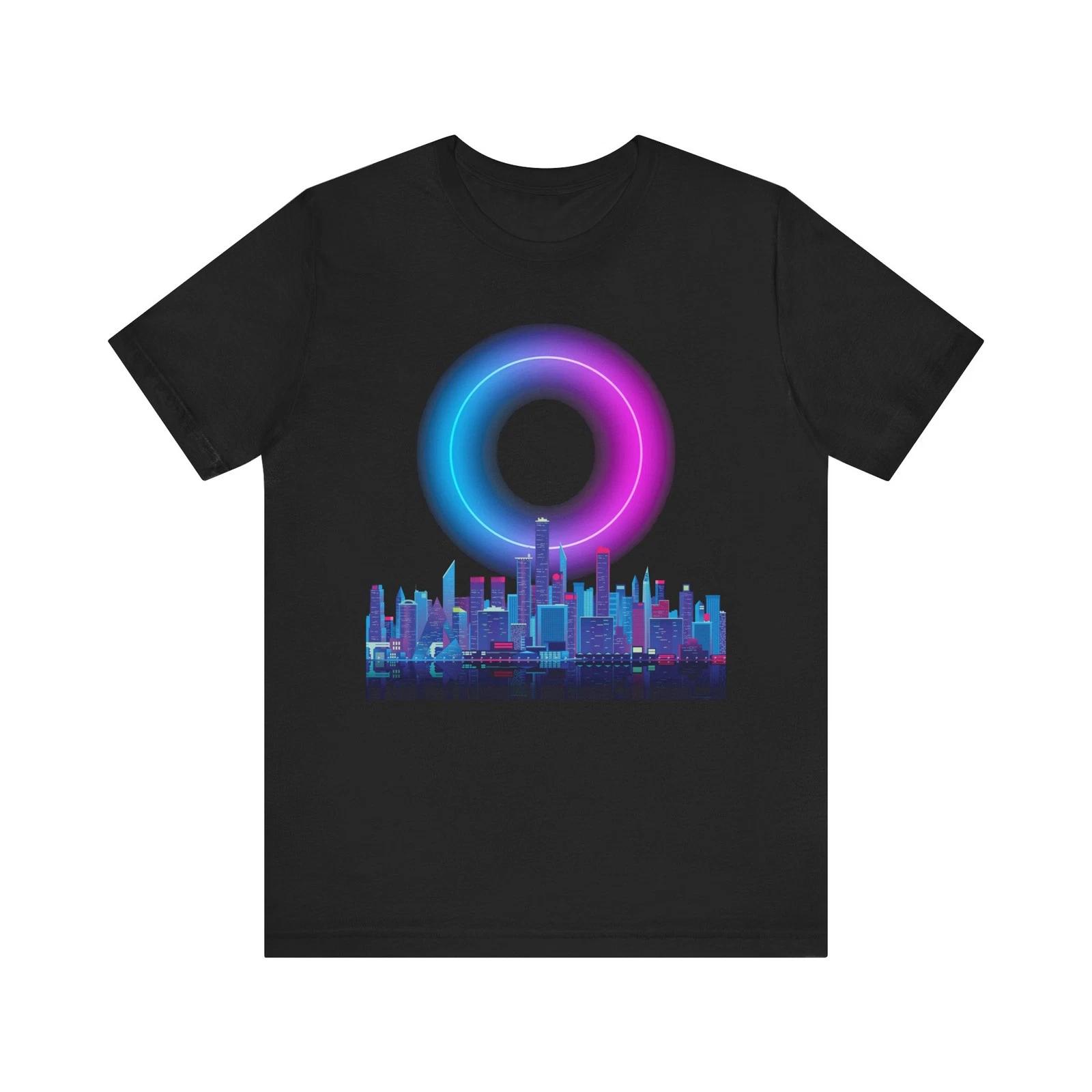 Neon City Skyline Tee | Retro Futuristic Ring Nightscape S