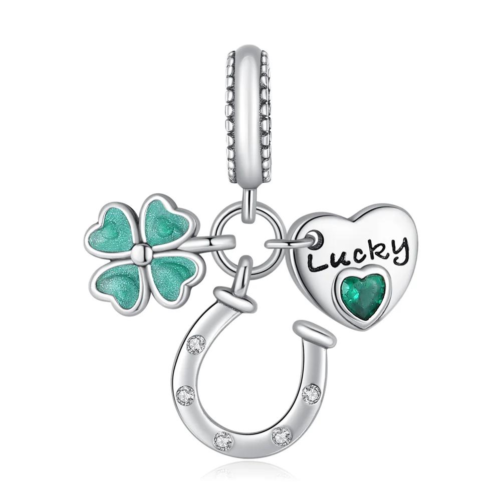 Lucky 925 Silver Charms Green Four Leaf Clover Horseshoe Bead Earrings Pendant Exquisite Bracelets Necklaces DIY Jewelry