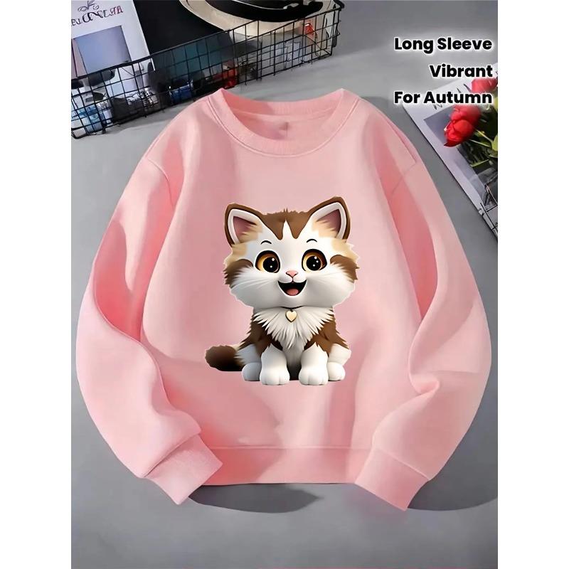 Kids Unisex Crewneck Sweatshirt, Cute Fluffy Brown White Kitten With Heart Necklace Cartoon Print Soft Fleece Pullover For Kids Over 4 Years Old