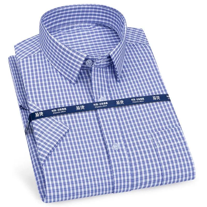 Men‘s Short Sleeve Shirt Business Classic Striped Plaid Checked Male Casual Social Dress Shirts Purple Blue 6XL Plus Large Size