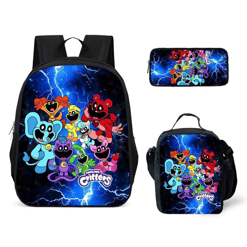 Smiling Critters Cartoon Backpack Shoulder Bag Pencil Case 3-Piece Set, Kids School Bookbag