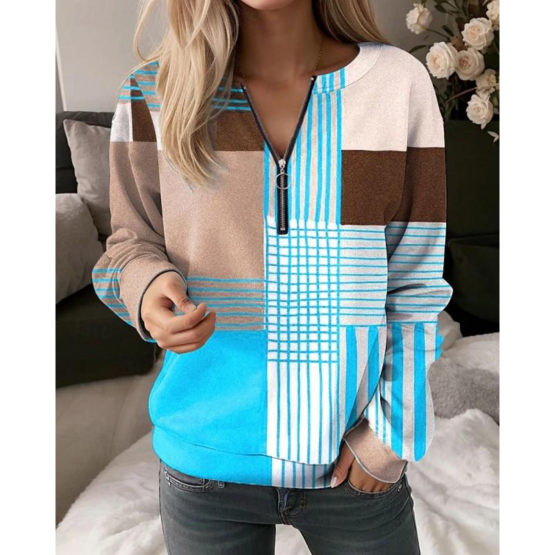 Womens V-Neck Half-Zip Long Sleeve Oversized Hoodie With Geometric Print Casual Comfort Fit 2025