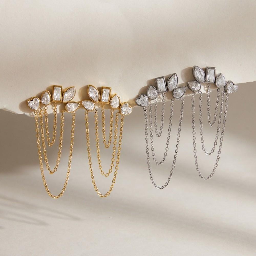 Geometric Stud Earrings Stainless Steel Tassel Earrings Fashion Zircon Stud Earrings for Women