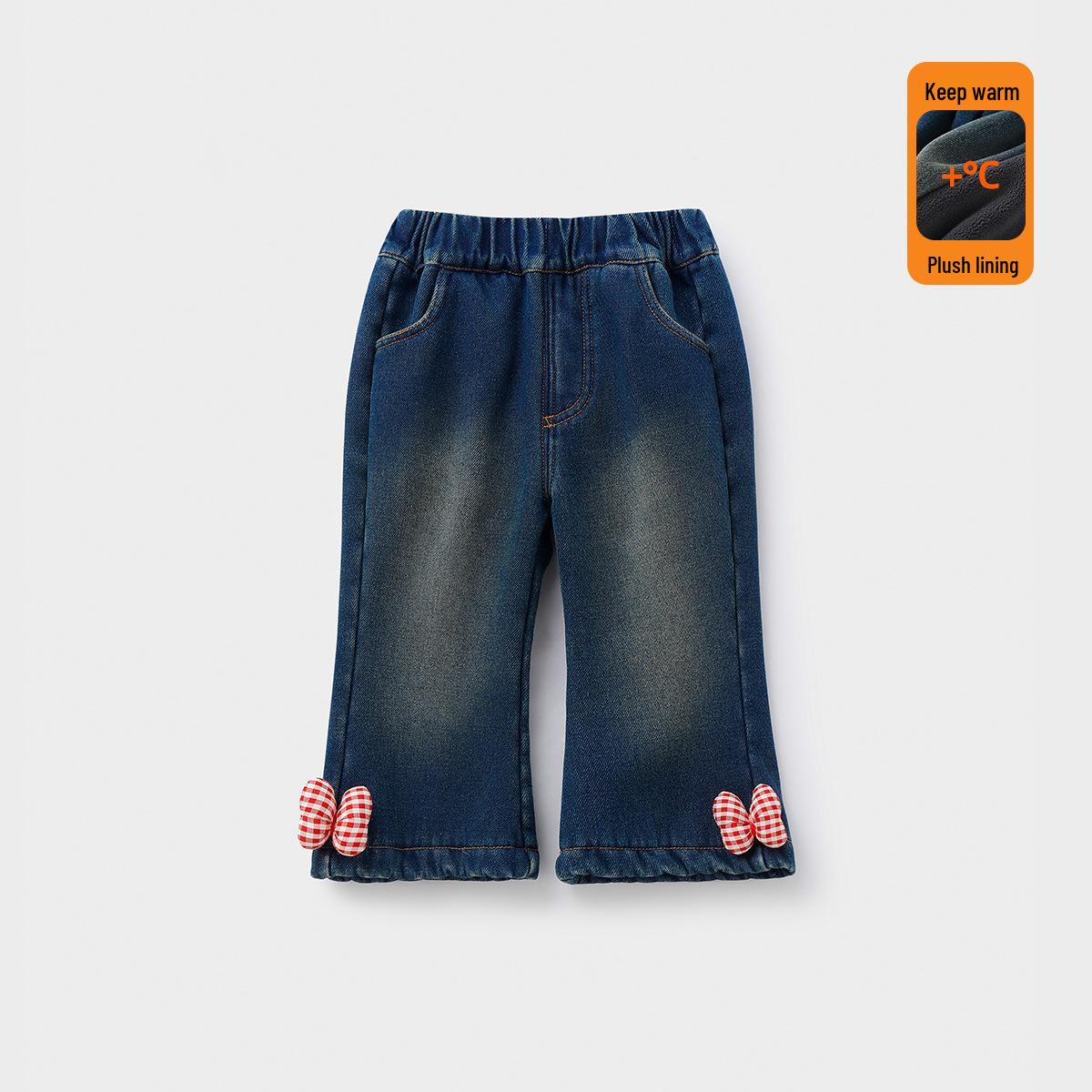 

Girls Plush-Lined One-Piece Jeans - Autumn/Winter 2025 Thickened Pants for Baby Girls 80 cm