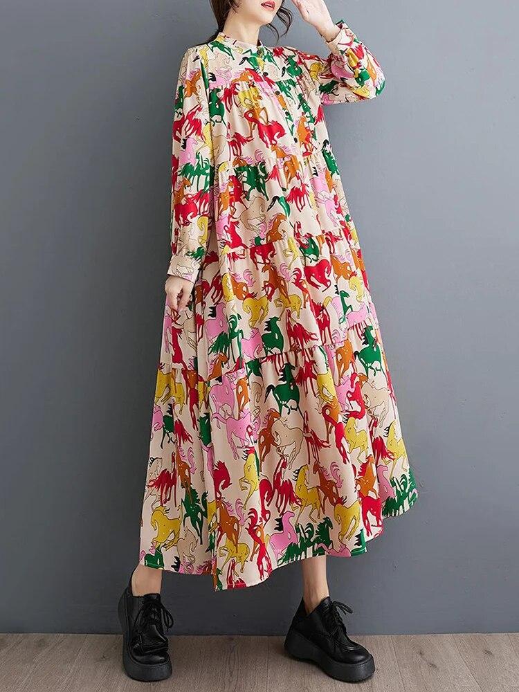 

Платье XITAO с длинными рукавами и принтом контрастного цвета, женское платье с воротником-стойкой DMJ4067