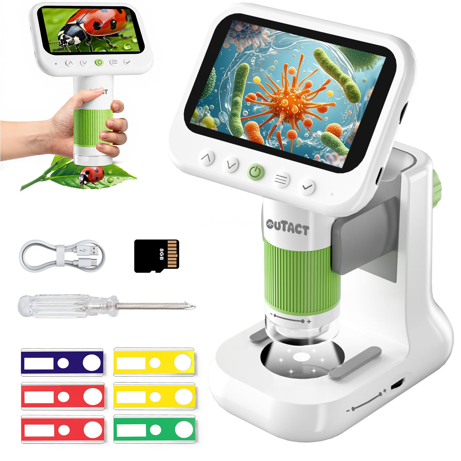 

OUTACT Digital Microscope 4.3-inch 1080p 50-1000X IPS LCD Display USB-C Charging 8GB Memory 8 LED Lights Dimming Biological Observation PC Compatible