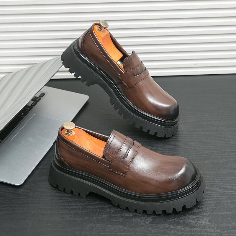 Spring Men's British Thick-Soled Leather Loafers: Trendy Casual Slip-On Shoes