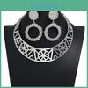 Solid Color Fashion Hollow Design Women Metal Necklace Collar Round Earring Set