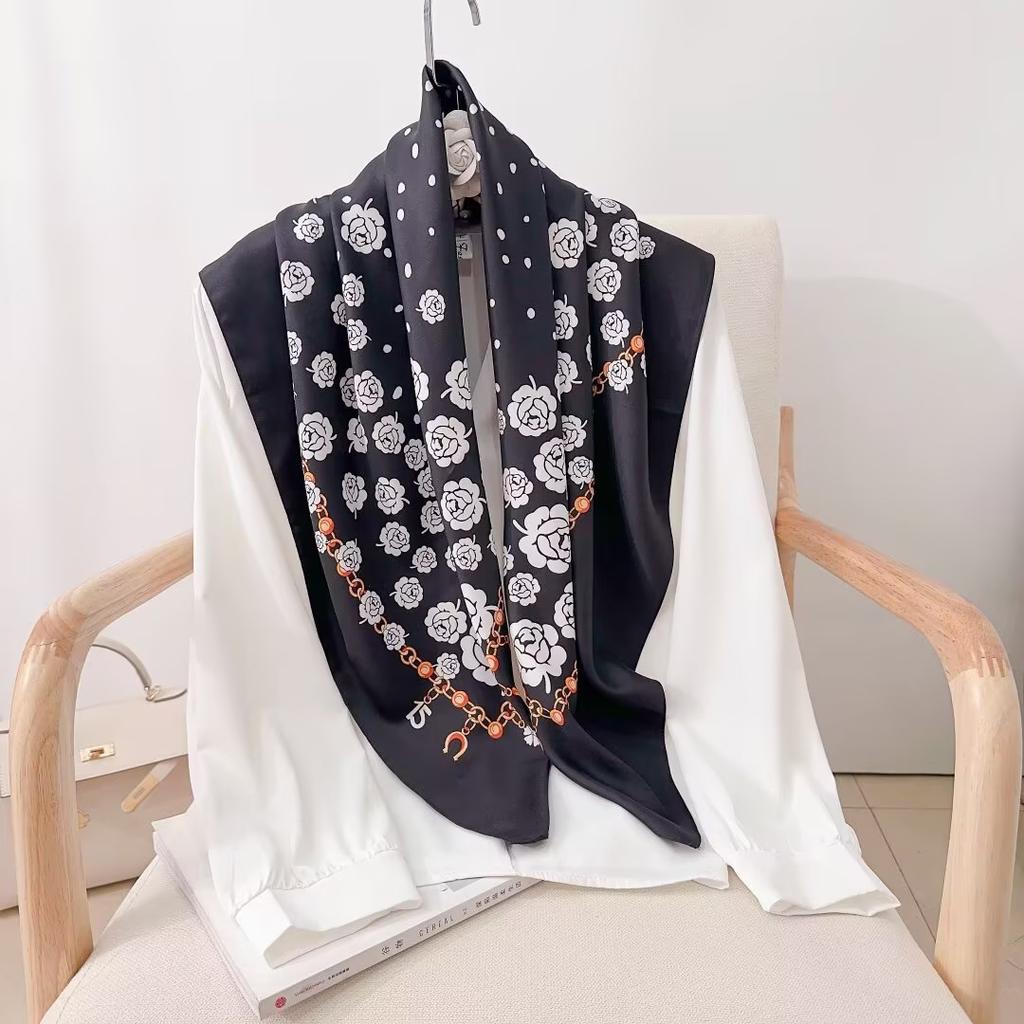 Retro twill rose print 91CM large square scarf versatile foreign style French scarf women's shirt shawl scarf