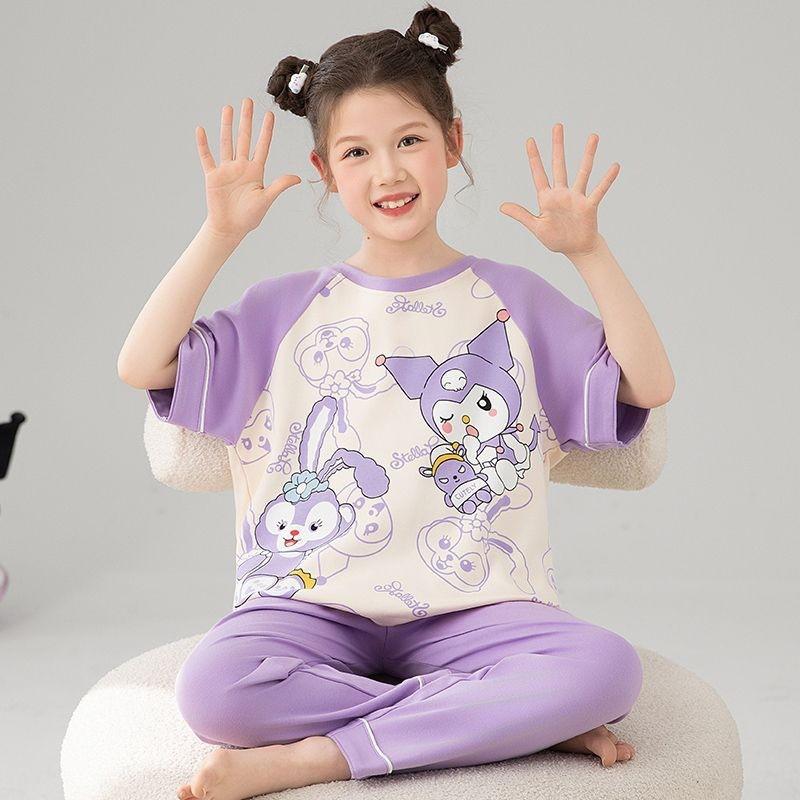 Girls Cotton Pajama Set Short Sleeve Long Pants Cartoon Print Sleepwear Kids Ages 4-12