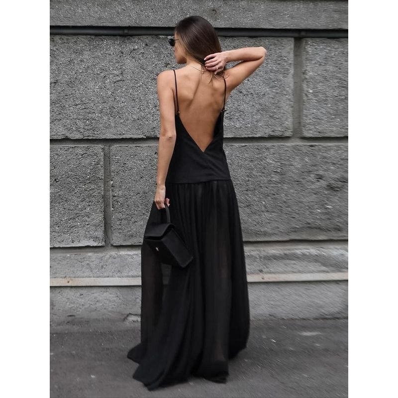 French Style Patchwork V-neck Strap Dress Stylish Fashion Sexy Backless Spaghetti Straps Long Dress Spring and Summer