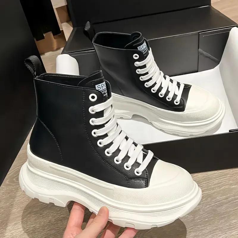 Fashion Woman Short Shoes With Laces Black Canvas Lace-up Booties Pu Autumn Hot Fashion 2024 Footwear New In Y2k Ankle Boots for Women