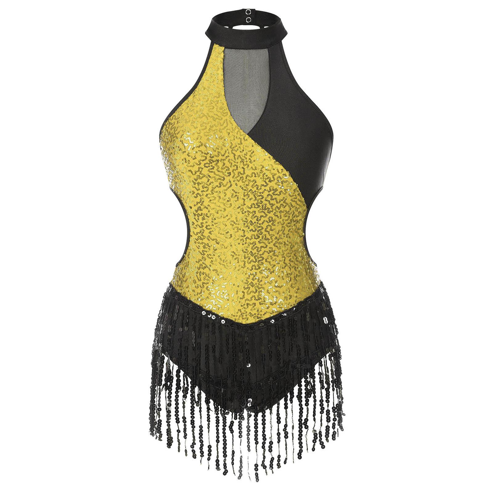 

Женское сетчатое лоскутное камзол с блестками, балетное трико, перекрещивающееся сзади, с кисточками на подол, гимнастическое танцевальное платье S золотой