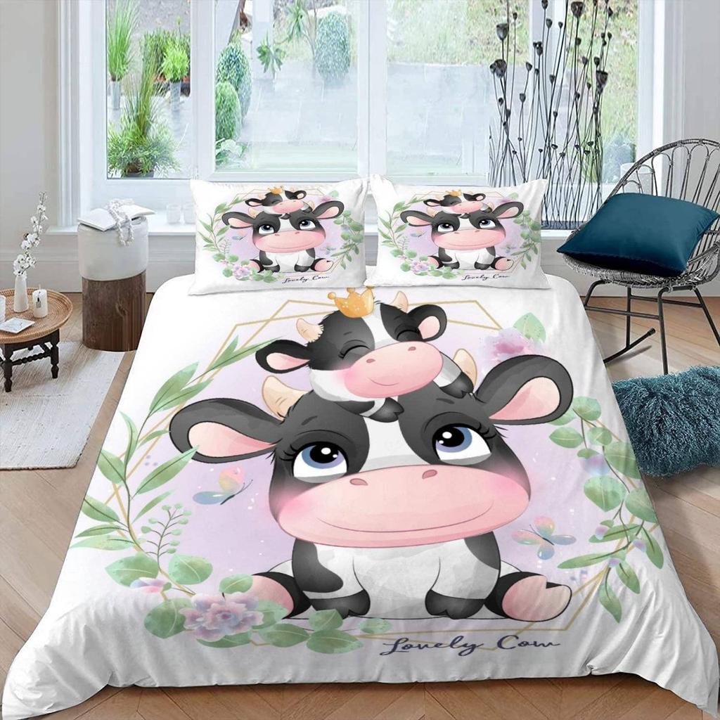 Cute Cows Duvet Cover Set Kawaii Farm Animal Bedding Set Microfiber Floral Comforter Cover Twin King For Kids Boys Girls Decor