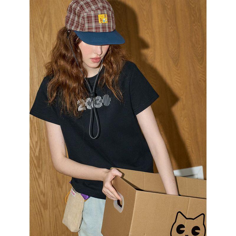 Coolhut American Retro Summer Versatile Basic Round Neck Printed Casual 2025 Summer Women's T-Shirt Pure Cotton