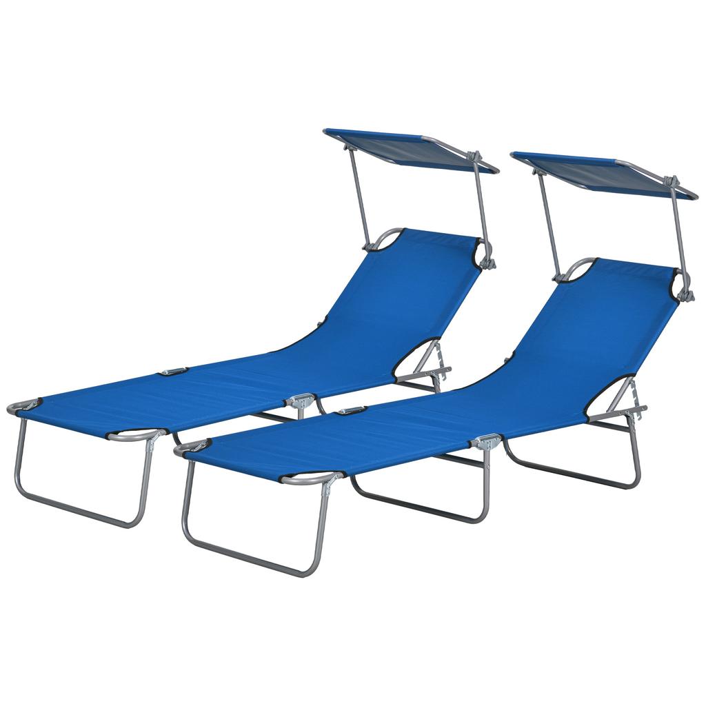 Folding Sun Lounger Set of 2 with Canopy, Reclining Sunbed with 4-Position Adjustable Backrest, 600D Oxford Cloth