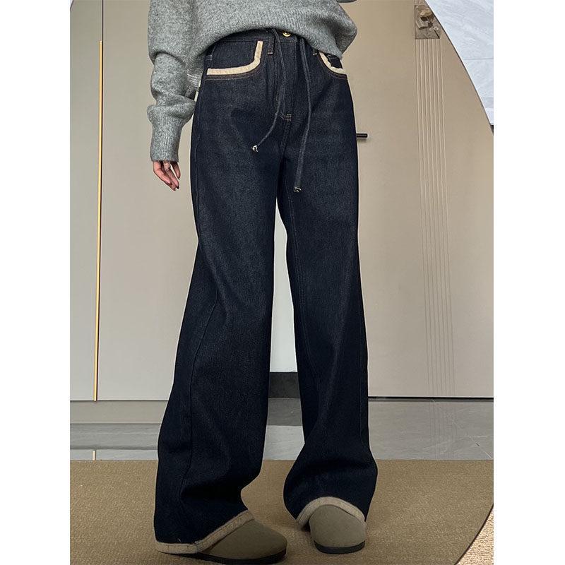 Women's Plus Size Dark Blue Fleece-Lined High Waist Straight Leg Jeans - Winter New Arrivals
