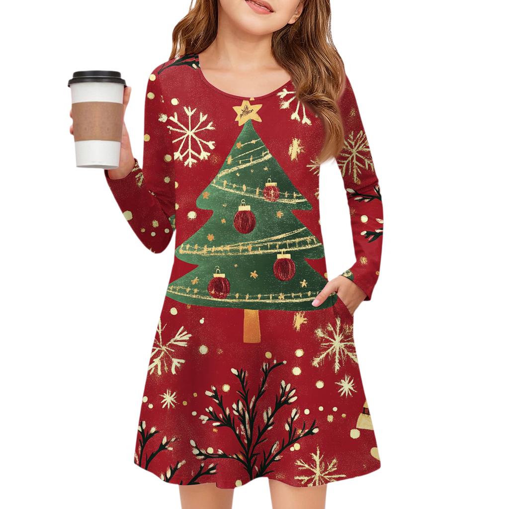 Christmas Day Girls' Long Sleeve Dress - Color Pocket Dress