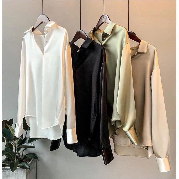 Women's Retro Loose Satin Blouse - Long Sleeve, Draped, Spring/Summer/Autumn Collection