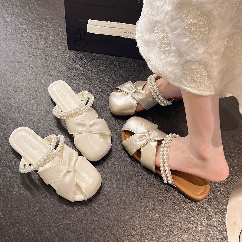 Beaded soft bottom flat bottom bag head half slippers women's summer wear 2025 new beautiful with skirt one word cool slippers