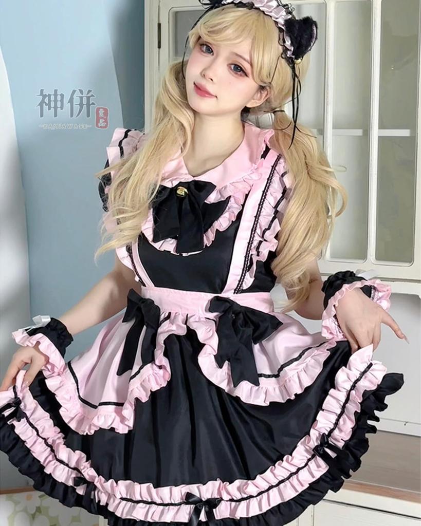 Plus Size Maid Gothic Lolita Waitress Cosplay Ruffled Lolita Outfit with Ear Neat and Short Black and Pink [God-Quality Product] Outfit, Costume,