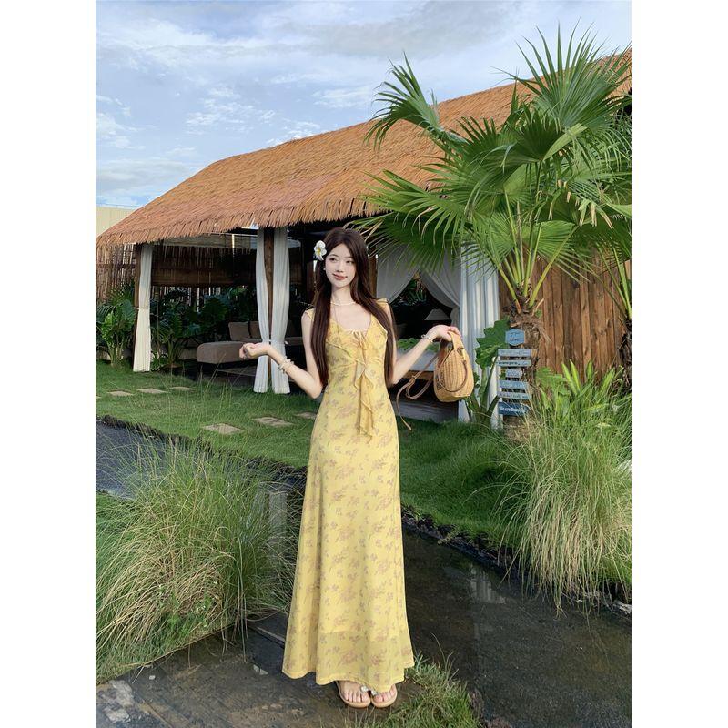 

Kumikumi Holiday Style French style Floral Vest Dress Women Summer Frill Chic Slimming Yellow Long dress Yellow L