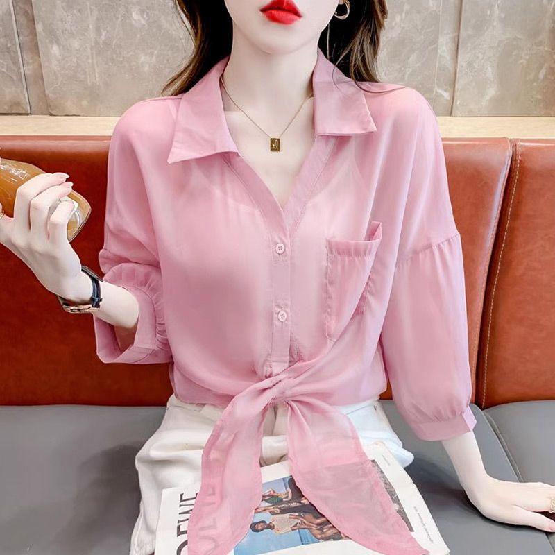 

Женское шифоновое платье 2025 года, летний новый стиль, с бантом, солнцезащитное, с юбкой и маленькой шалью M розовый