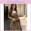 Vintage Striped Knit Dress With Long Sleeves For Spring Retro Style Women
