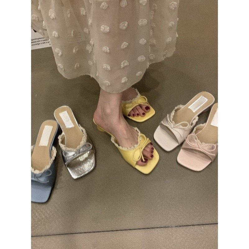 Retro bow one-word slippers women wear thick heel cool slippers