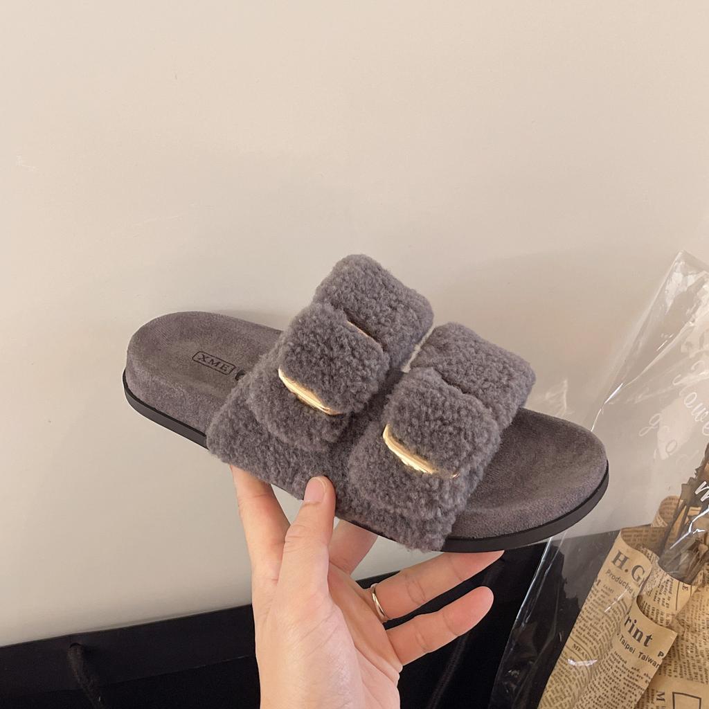 Thick-soled French Simple Open-toed Fluffy Slippers, New Women's Shoes In Autumn and Winter 2025, Wearing Versatile Cotton Slippers for Women