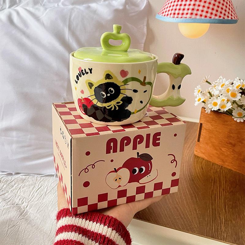 Birthday Gift Apple Cat Ceramic Cup With Lid Breakfast Household Cute Creative Drinking Cup Christmas