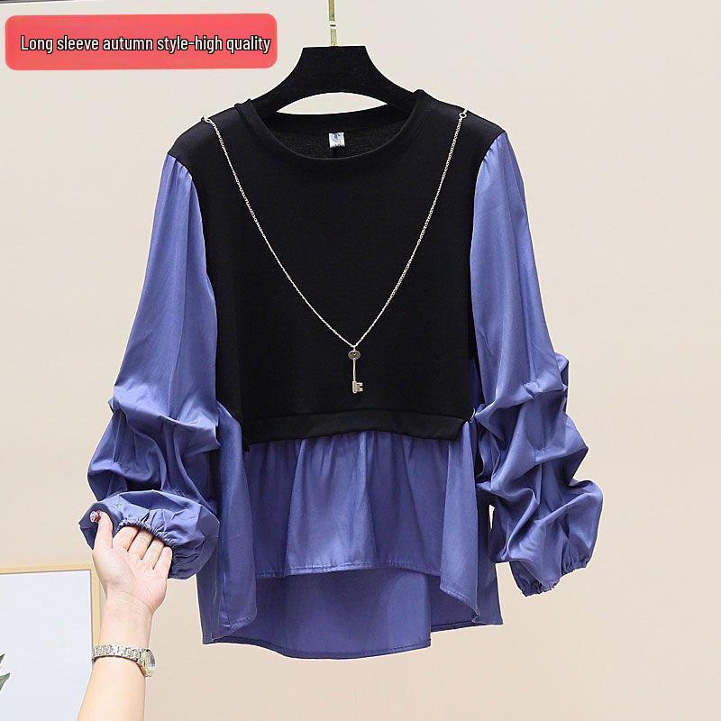 2024 Spring/Autumn Korean Style Patchwork Contrast Slim Long Sleeve Round Neck Two-Piece Shirt