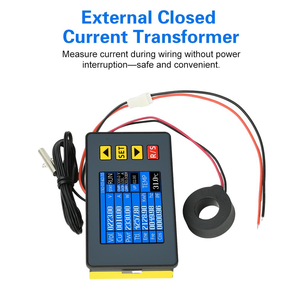 AC 50-300V 100A Voltage Current Power Meter Electricity Frequency Energy monitor Voltmeter with External Closed Ampere Inductor