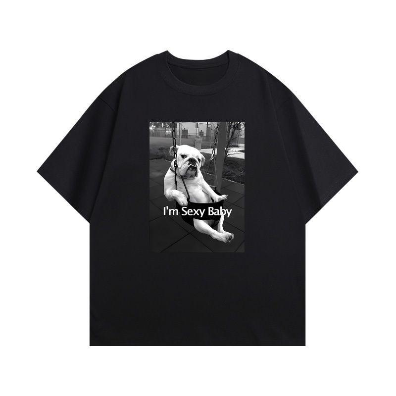 Swing Dog Fun American Print Summer Pure Cotton Short Sleeved Casual Round Neck Loose T-shirt for Both Men and Women Versatile