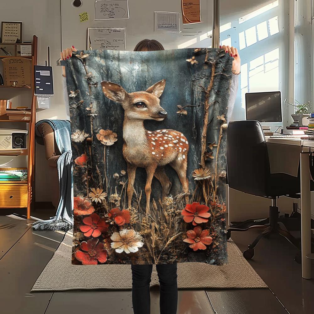 1Pc Vintage Deer Art Print Flannel Blanket, High Quality Comfortable for All Seasons, Home Decor, Warmth and Comfort, Perfect for Gifts