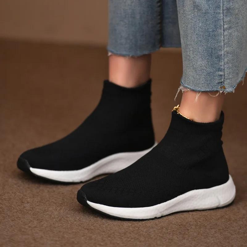 

Fashion Women s Casual Sports Shoes Spring New Round Head Knitted Breathable Sleeve Soft Sole Non-slip Single Shoes 43 чёрный