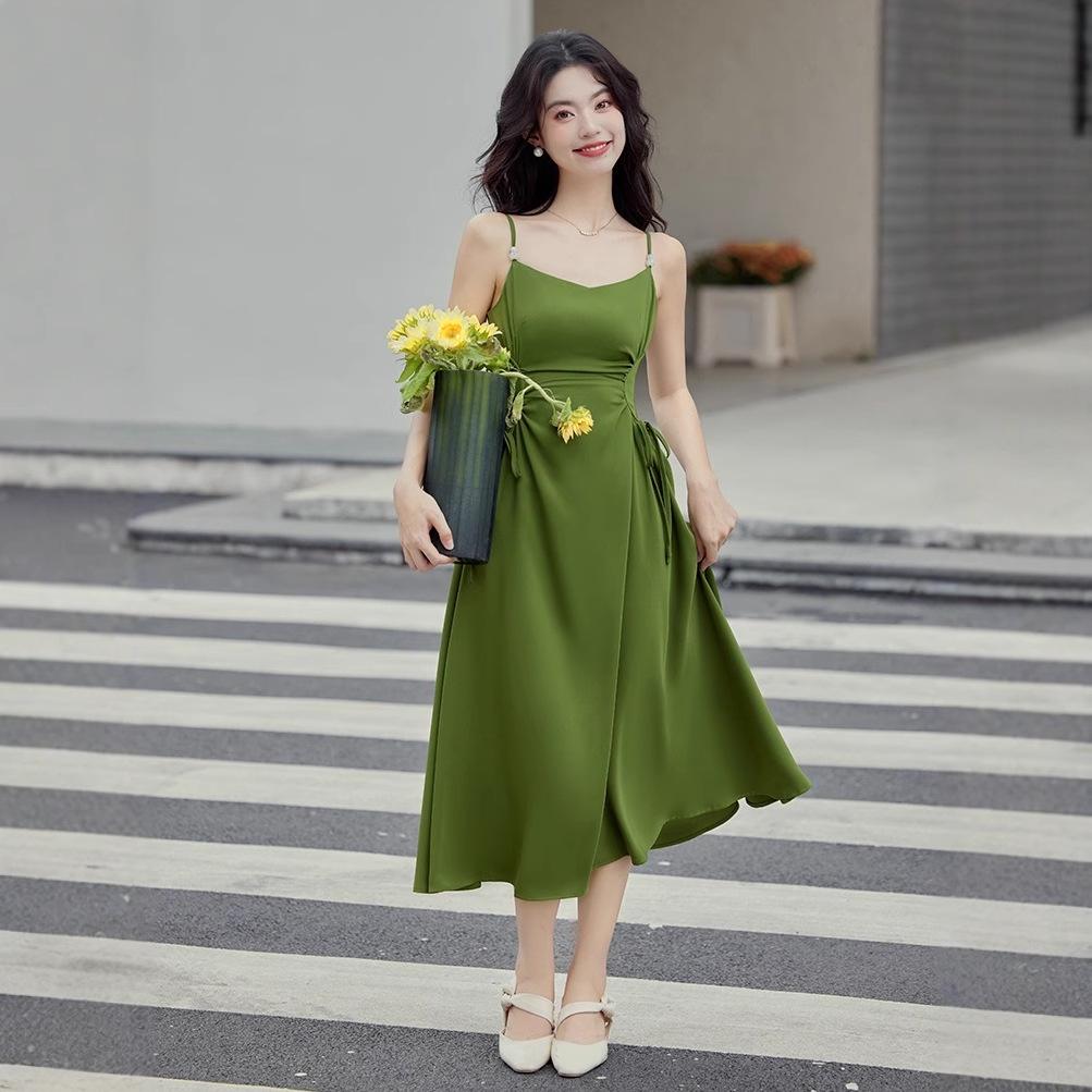 

Элегантный зеленый комплект платья-сарафана для похудения талии в французском стиле для отпуска L