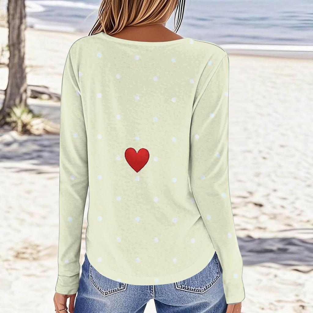 Damski casualowy top z długim rękawem, z nadrukiem walentynkowym, z okrągłym dekoltem