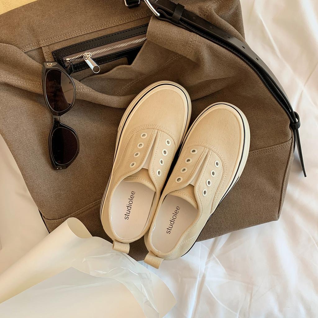 Advanced Sense~ Grape Mother Height Increase 7cm Lazy Without Shoelaces Round Head Thick Sole One Pedal Casual Board Shoes Women's Canvas Shoes