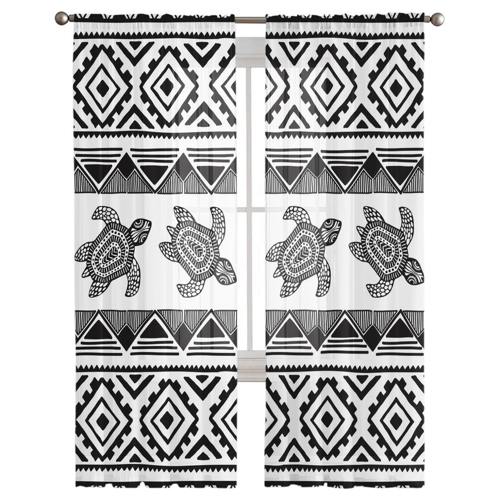 Animal Turtle Black And White Lines Tulle Curtains For Living Room Kitchen Sheer Voile Curtain Bedroom Window Panels