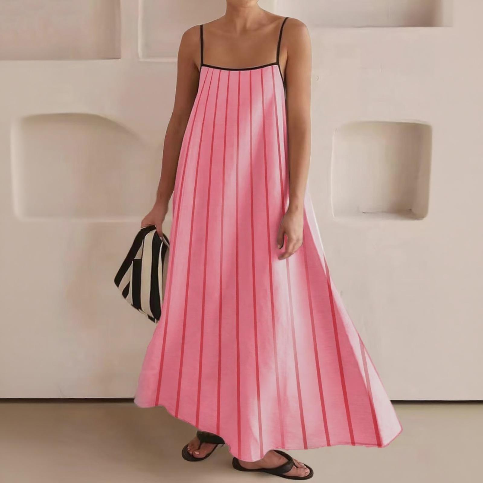 

Ladies Loose Comfortable Casual Fashionable Striped Printed Cotton Leprosy Suspender Large Swing Dress L розовый