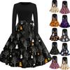 Women Casual Vintage Halloween Dress Long Sleeve Round Neck Fit and Flare Midi Dress with Halloween Tree and Ghost Print and Waist Tie