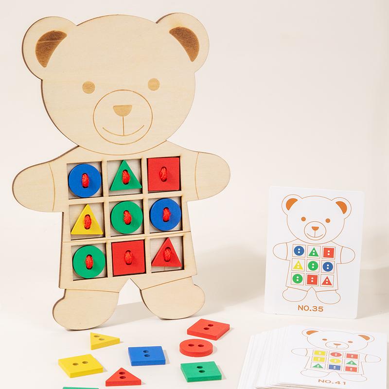 

Wooden Bear-Shaped Button Threading Toy - Montessori Educational Shape And Color Matching Game For Toddler Fine Motor Skills