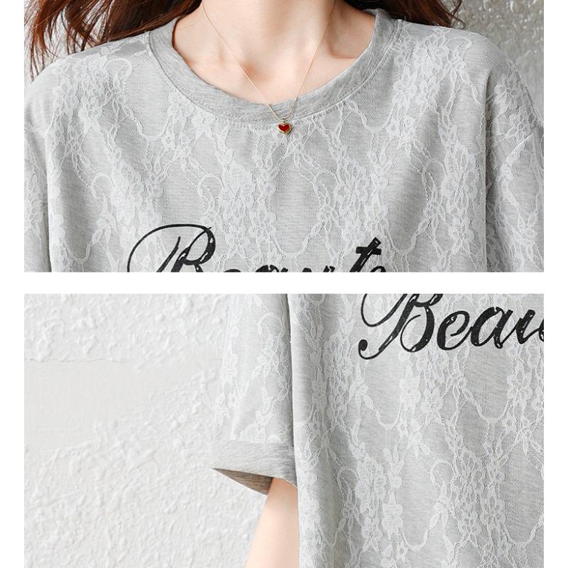 DIMANAF 2025 New Summer Plus Size T-Shirt Fashion Women O-Neck Letter Printing Short Sleeve Solid Loose Lace Tops Tees