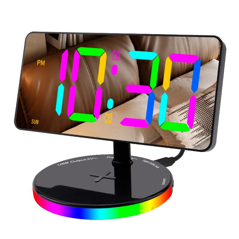 Светодиодный цифровой будильник с цветной RGB-подсветкой Зеркальный будильник с беспроводной зарядкой Новый будильник с функцией повтора сигнала чёрный