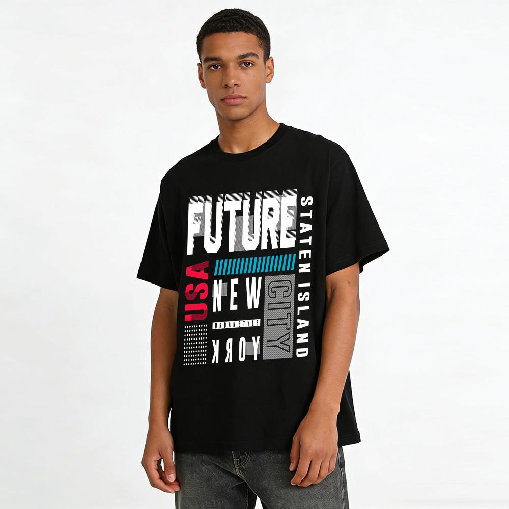 USA City Graphic Print Casual Tee Unisex Loose Streetwear Top Pure Cotton T-shirt