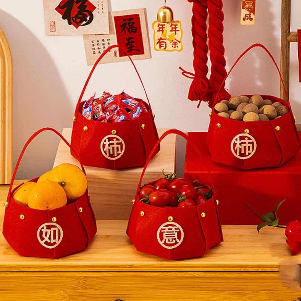 Red Candy Storage Bag Felt Gift Bags Joyful New Year Handheld  Fruit Basket  Party Decor
